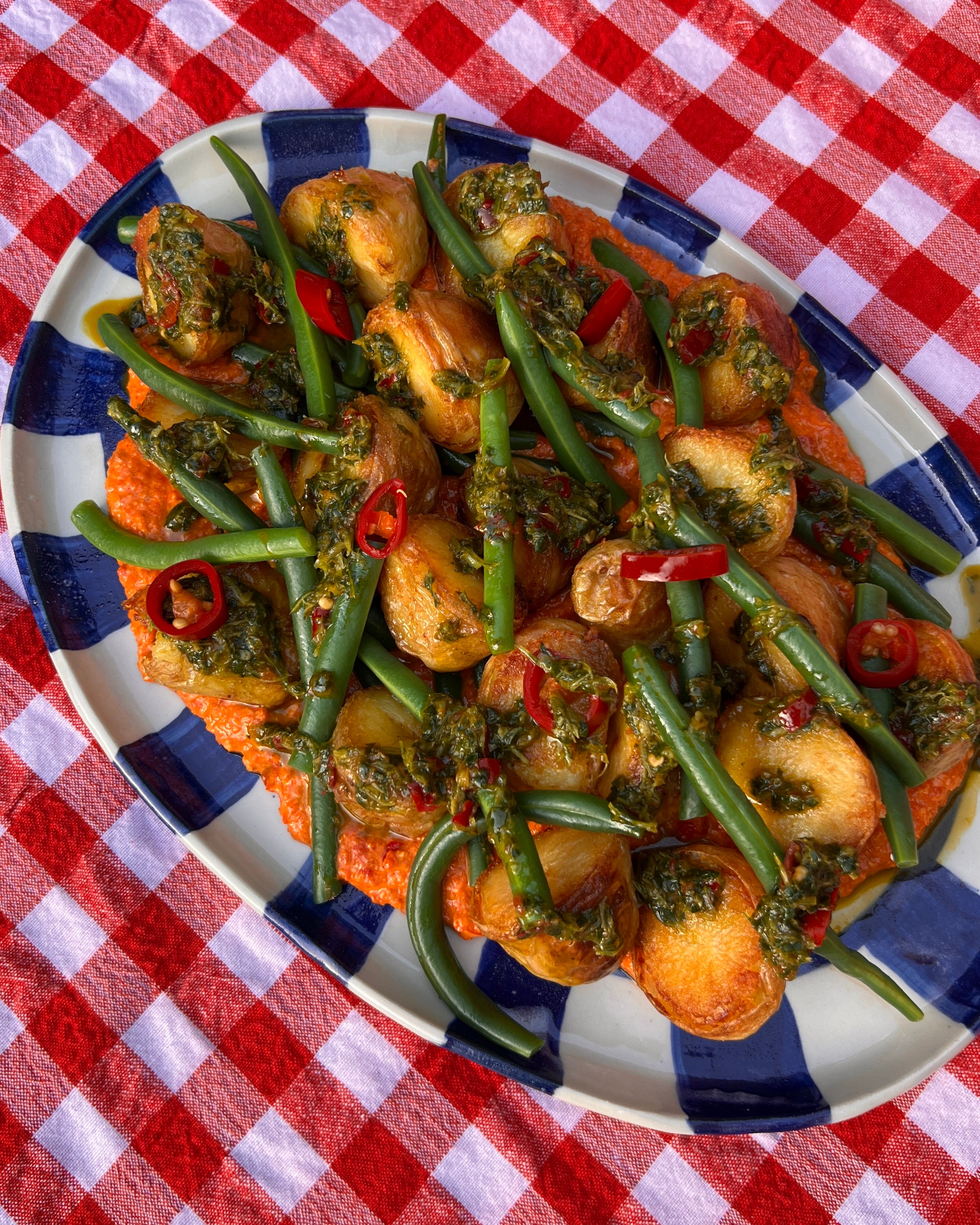 Roast Potato And Green Bean Salad With Romesco And Salsa Verde Recipe