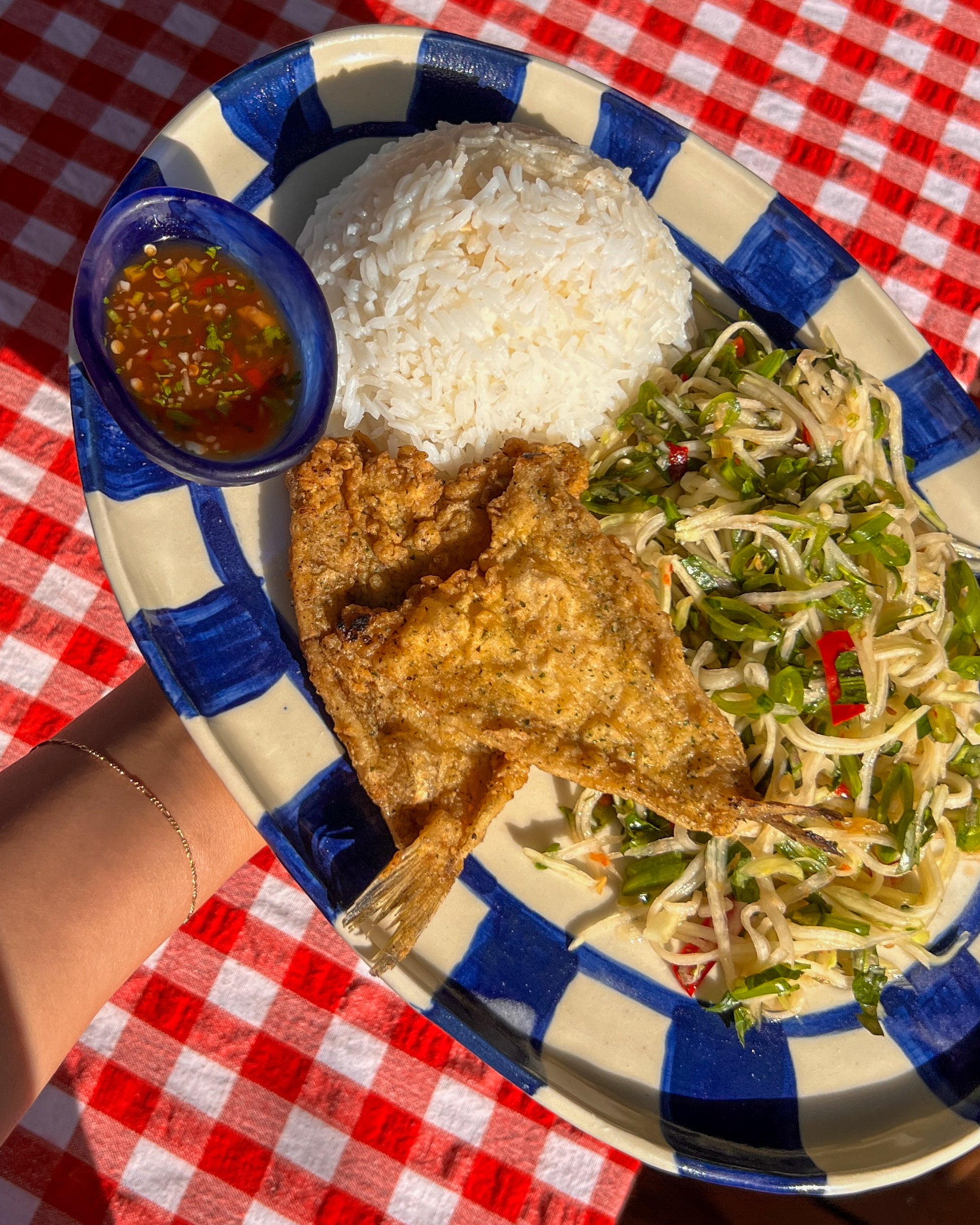 Vietnamese Style Fried Fish With Rice Slaw and Tamarind Sauce Recipe