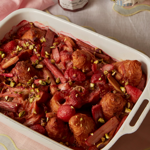 Rhubarb, Strawberry & Pistachio Croissant Pudding