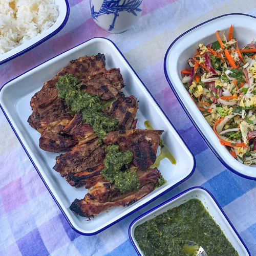 Asian Style Grilled Lamb Chops with Herb Sauce & Slaw
