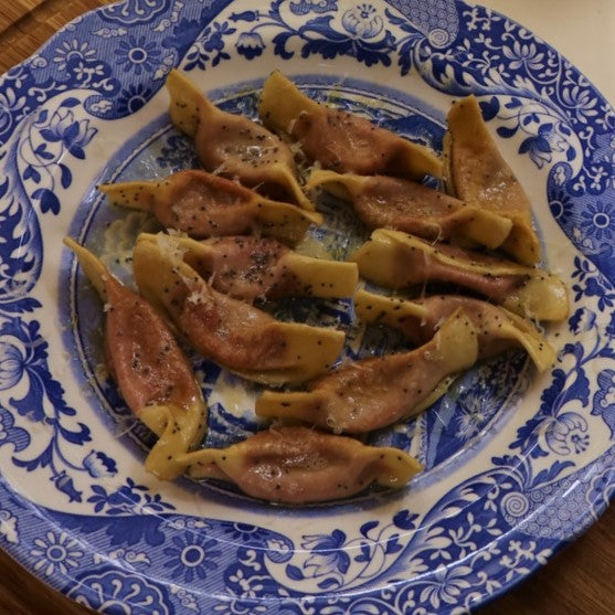 Casunziei all'ampezzana (Beetroot ravioli with poppy seeds)