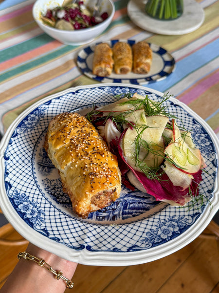 Pork & apple sausage rolls with a shaved apple, fennel and radicchio salad